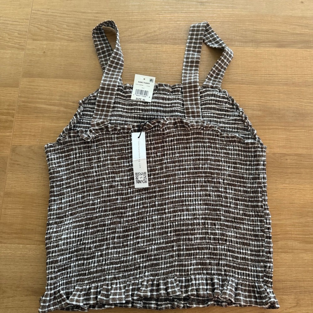 Sanctuary Smocked Gingham Tank Top Brown White Ruffle‎ XL CB2116BN6 - Picture 7 of 9